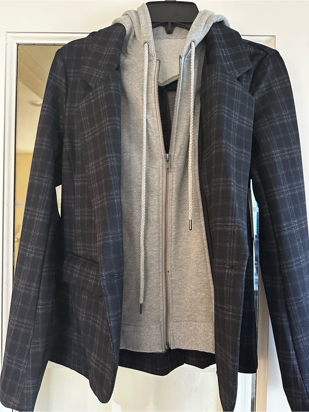Liverpool Navy Plaid Blazer with Heather Gray Hooded removable Layer/Dickie - Picture 2 of 4
